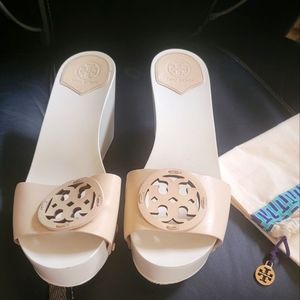 Tory Burch Miller Platform Slide Wedges - Nude Cream Shoes.